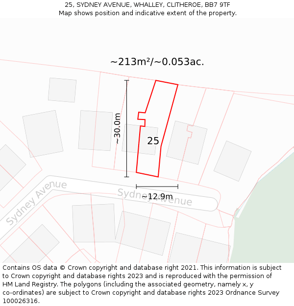 25, SYDNEY AVENUE, WHALLEY, CLITHEROE, BB7 9TF: Plot and title map