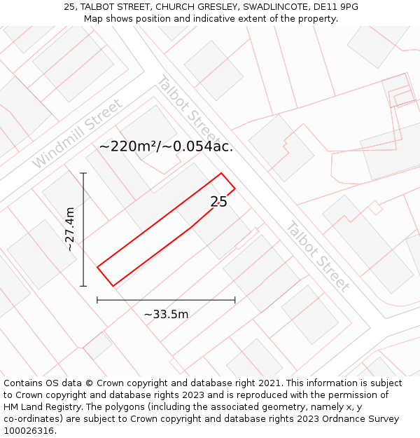 25, TALBOT STREET, CHURCH GRESLEY, SWADLINCOTE, DE11 9PG: Plot and title map