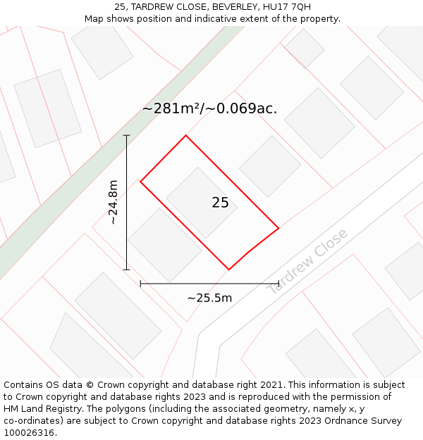 25, TARDREW CLOSE, BEVERLEY, HU17 7QH: Plot and title map