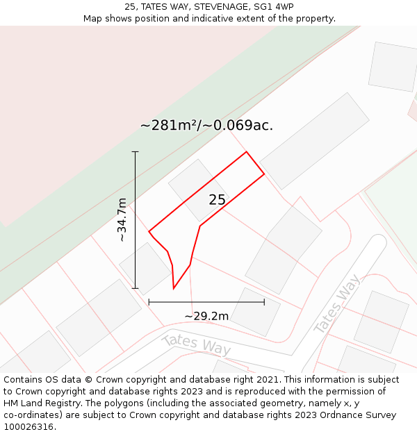 25, TATES WAY, STEVENAGE, SG1 4WP: Plot and title map