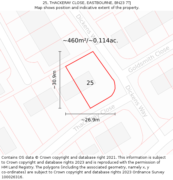 25, THACKERAY CLOSE, EASTBOURNE, BN23 7TJ: Plot and title map