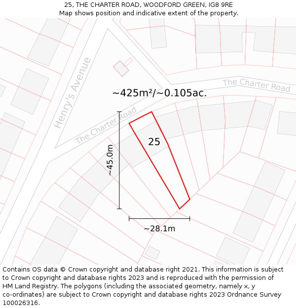 25, THE CHARTER ROAD, WOODFORD GREEN, IG8 9RE: Plot and title map