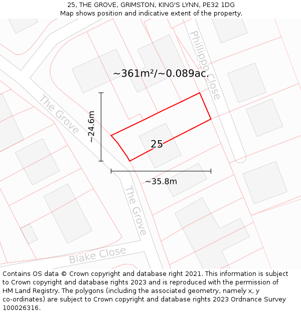 25, THE GROVE, GRIMSTON, KING'S LYNN, PE32 1DG: Plot and title map