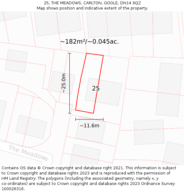 25, THE MEADOWS, CARLTON, GOOLE, DN14 9QZ: Plot and title map