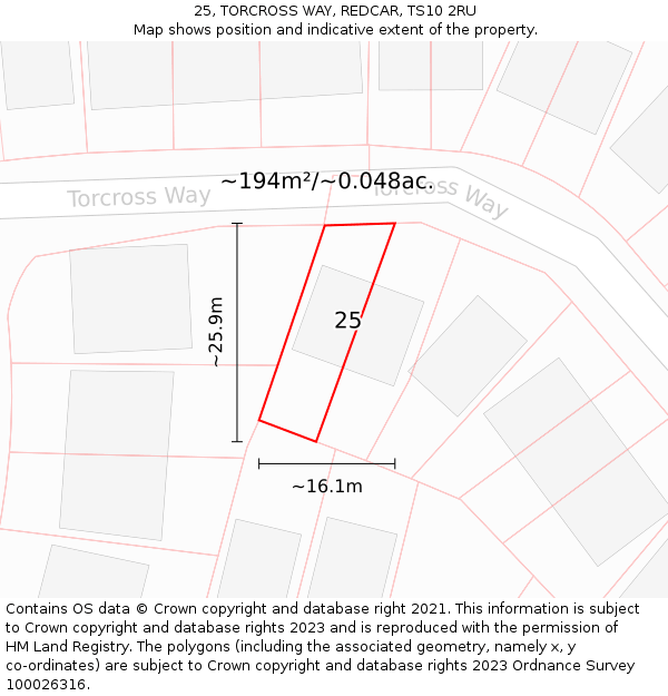 25, TORCROSS WAY, REDCAR, TS10 2RU: Plot and title map