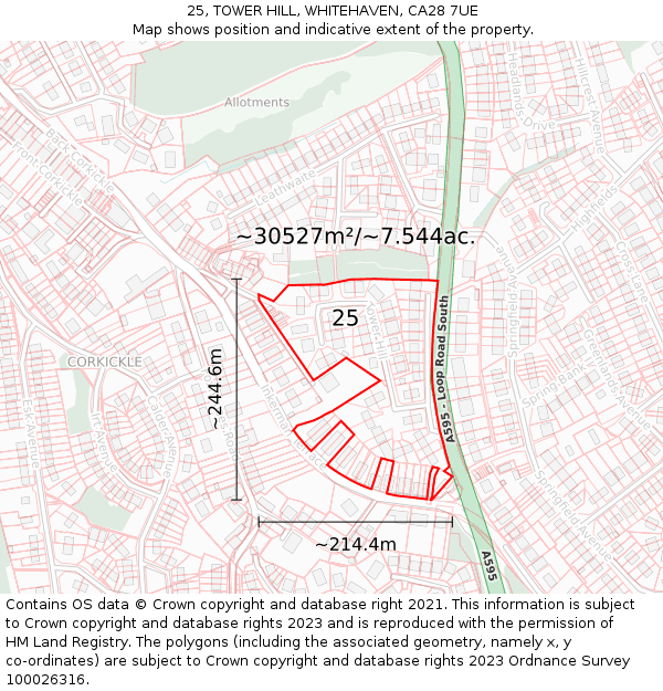 25, TOWER HILL, WHITEHAVEN, CA28 7UE: Plot and title map