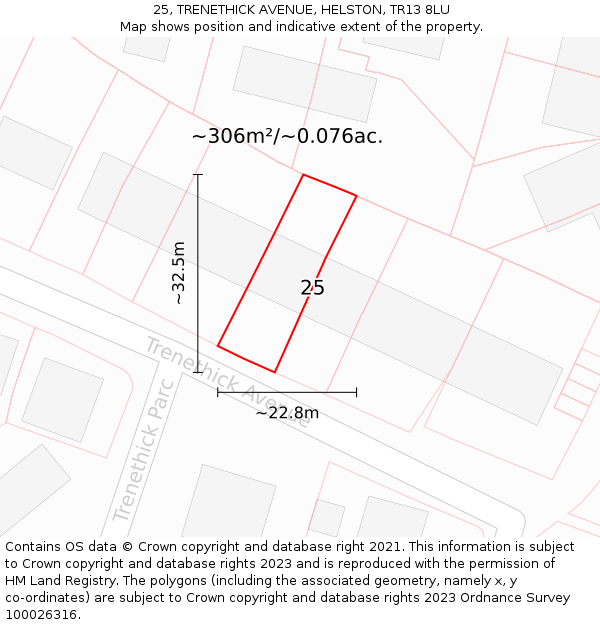 25, TRENETHICK AVENUE, HELSTON, TR13 8LU: Plot and title map