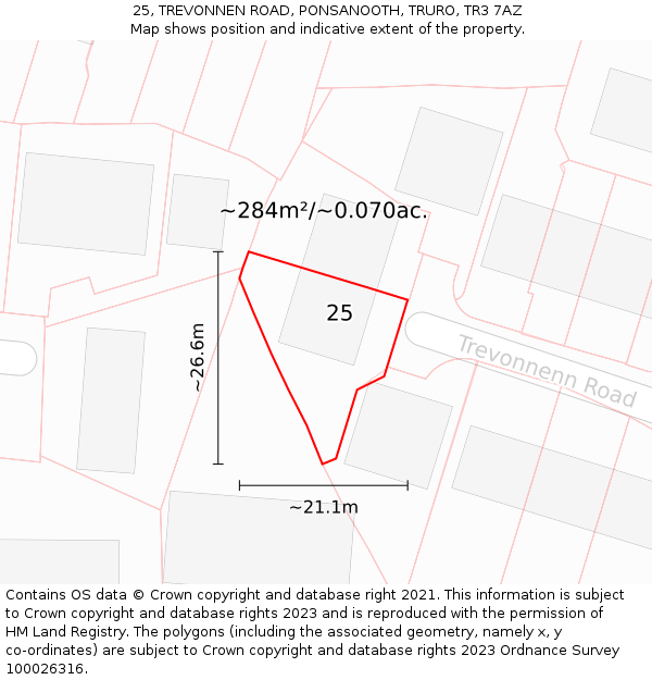 25, TREVONNEN ROAD, PONSANOOTH, TRURO, TR3 7AZ: Plot and title map