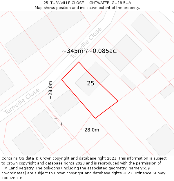 25, TURNVILLE CLOSE, LIGHTWATER, GU18 5UA: Plot and title map