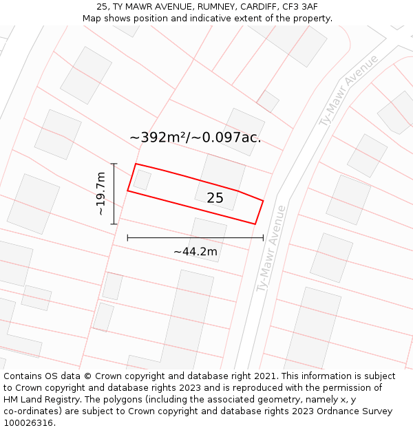 25, TY MAWR AVENUE, RUMNEY, CARDIFF, CF3 3AF: Plot and title map