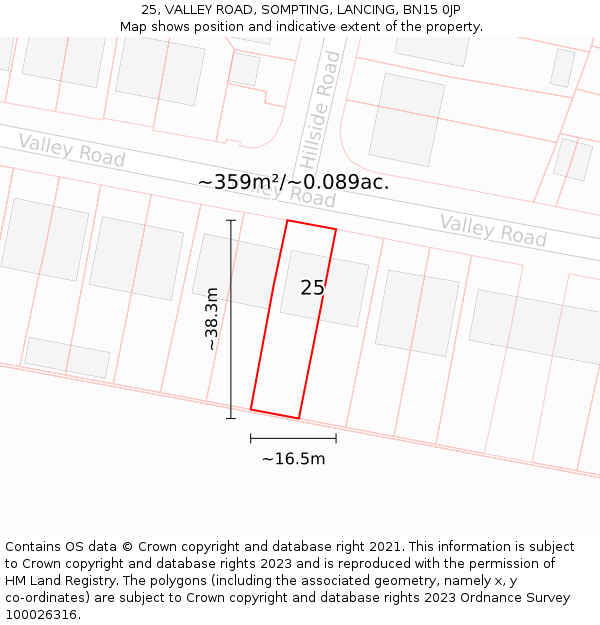 25, VALLEY ROAD, SOMPTING, LANCING, BN15 0JP: Plot and title map