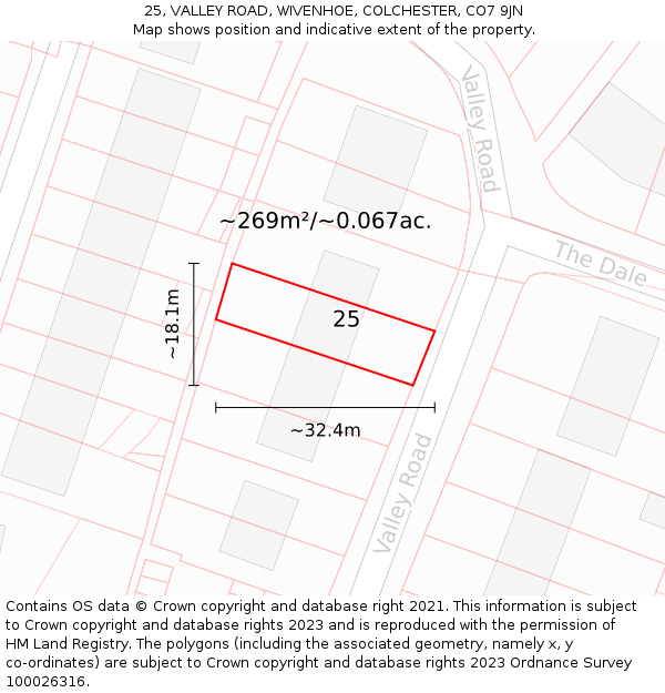 25, VALLEY ROAD, WIVENHOE, COLCHESTER, CO7 9JN: Plot and title map