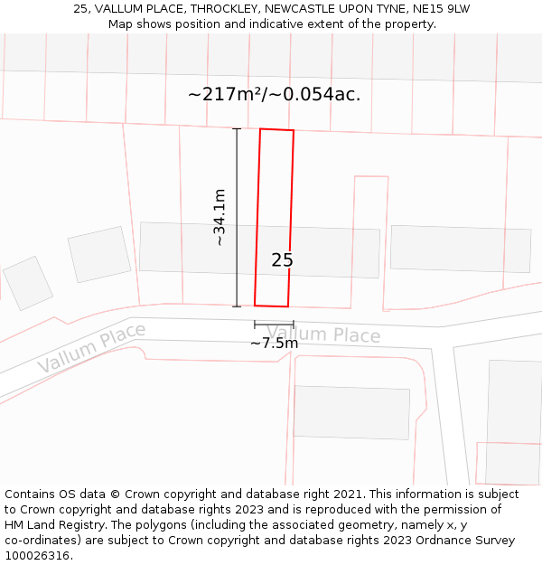 25, VALLUM PLACE, THROCKLEY, NEWCASTLE UPON TYNE, NE15 9LW: Plot and title map