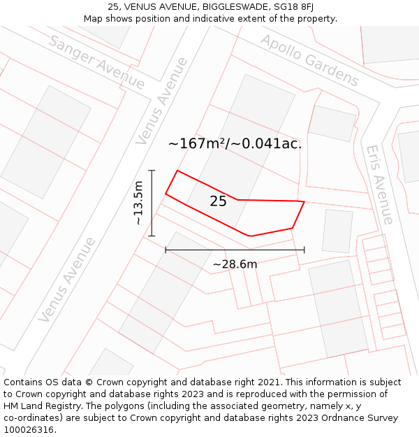 25, VENUS AVENUE, BIGGLESWADE, SG18 8FJ: Plot and title map