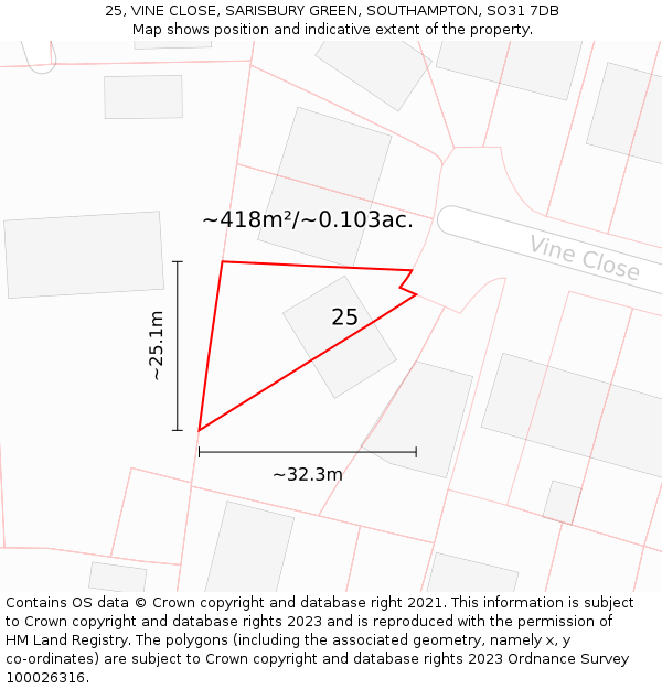 25, VINE CLOSE, SARISBURY GREEN, SOUTHAMPTON, SO31 7DB: Plot and title map