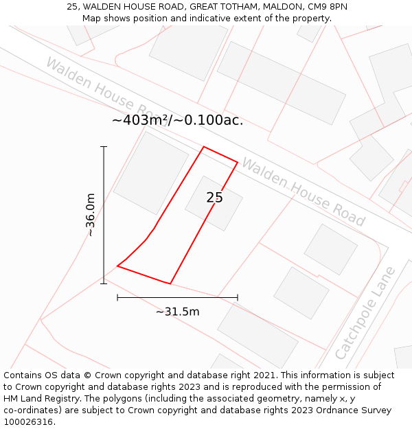 25, WALDEN HOUSE ROAD, GREAT TOTHAM, MALDON, CM9 8PN: Plot and title map