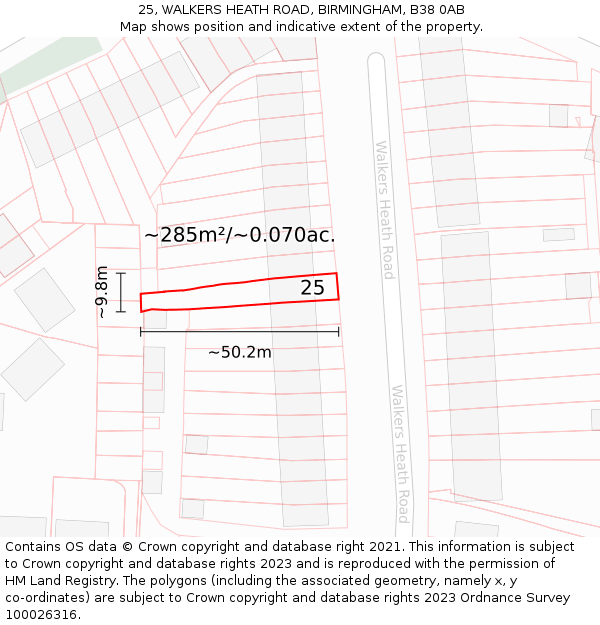 25, WALKERS HEATH ROAD, BIRMINGHAM, B38 0AB: Plot and title map