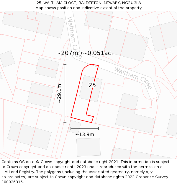 25, WALTHAM CLOSE, BALDERTON, NEWARK, NG24 3LA: Plot and title map