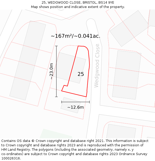 25, WEDGWOOD CLOSE, BRISTOL, BS14 9YE: Plot and title map