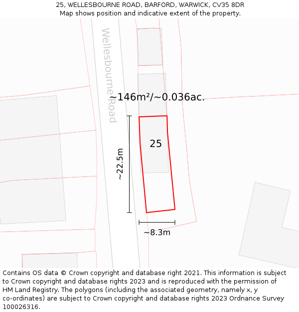 25, WELLESBOURNE ROAD, BARFORD, WARWICK, CV35 8DR: Plot and title map