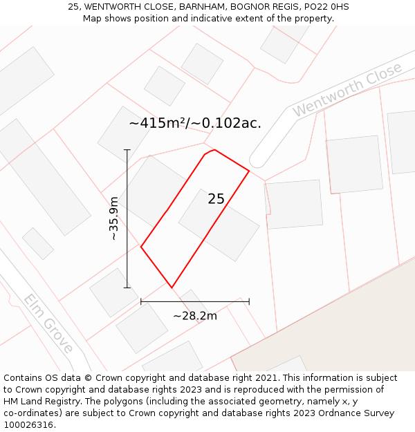 25, WENTWORTH CLOSE, BARNHAM, BOGNOR REGIS, PO22 0HS: Plot and title map