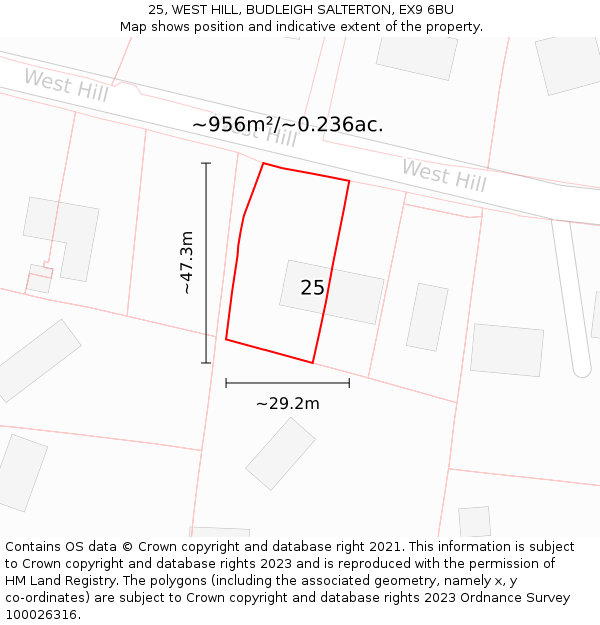 25, WEST HILL, BUDLEIGH SALTERTON, EX9 6BU: Plot and title map