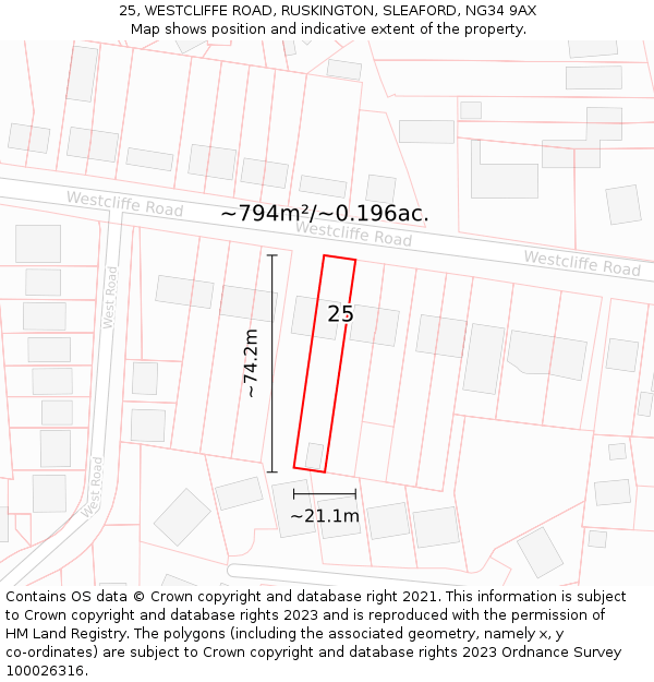 25, WESTCLIFFE ROAD, RUSKINGTON, SLEAFORD, NG34 9AX: Plot and title map