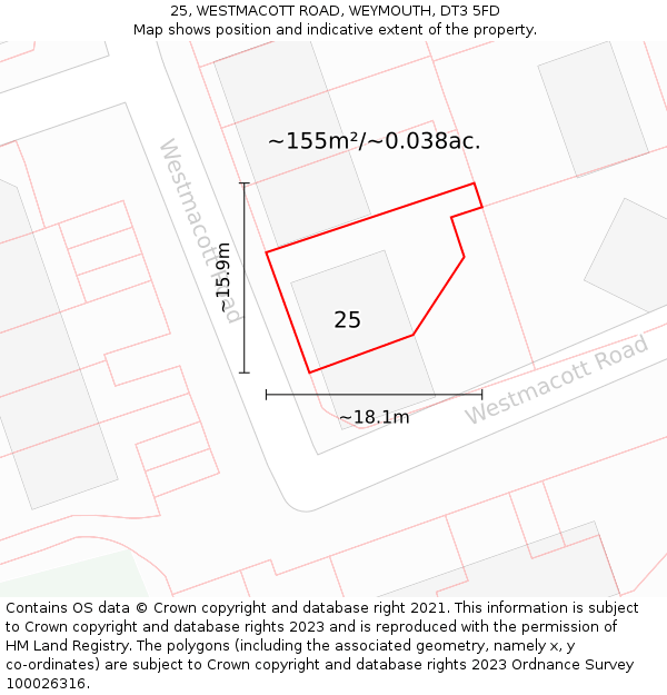 25, WESTMACOTT ROAD, WEYMOUTH, DT3 5FD: Plot and title map