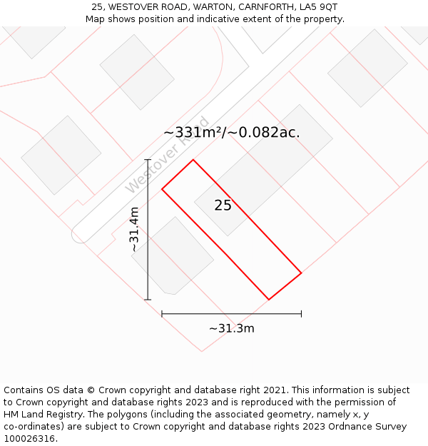 25, WESTOVER ROAD, WARTON, CARNFORTH, LA5 9QT: Plot and title map
