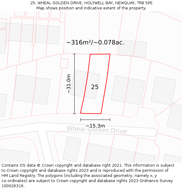 25, WHEAL GOLDEN DRIVE, HOLYWELL BAY, NEWQUAY, TR8 5PE: Plot and title map