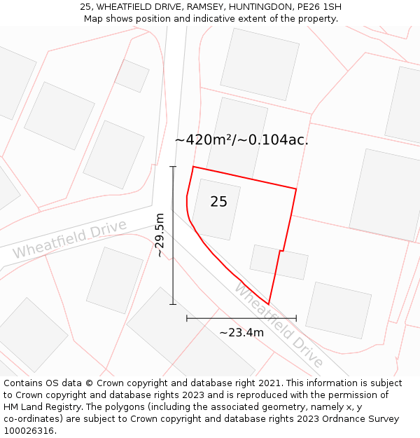 25, WHEATFIELD DRIVE, RAMSEY, HUNTINGDON, PE26 1SH: Plot and title map