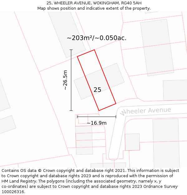 25, WHEELER AVENUE, WOKINGHAM, RG40 5AH: Plot and title map