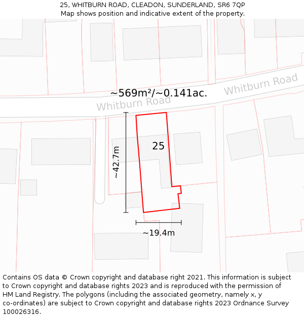 25, WHITBURN ROAD, CLEADON, SUNDERLAND, SR6 7QP: Plot and title map