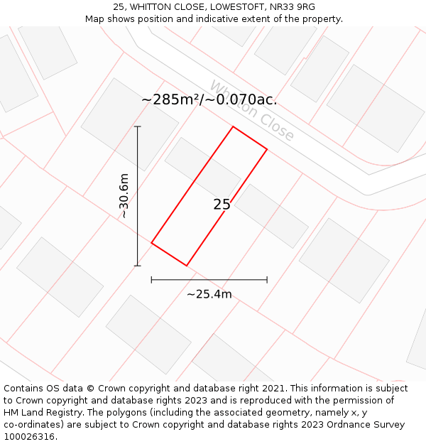 25, WHITTON CLOSE, LOWESTOFT, NR33 9RG: Plot and title map