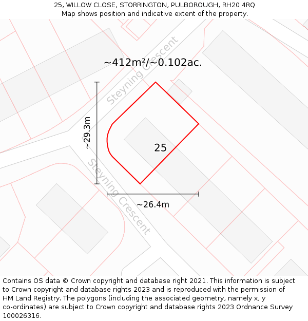 25, WILLOW CLOSE, STORRINGTON, PULBOROUGH, RH20 4RQ: Plot and title map