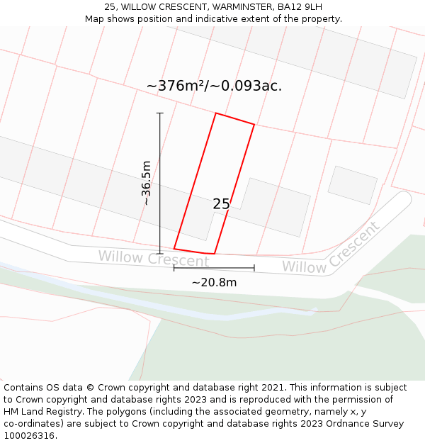 25, WILLOW CRESCENT, WARMINSTER, BA12 9LH: Plot and title map