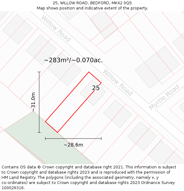 25, WILLOW ROAD, BEDFORD, MK42 0QS: Plot and title map