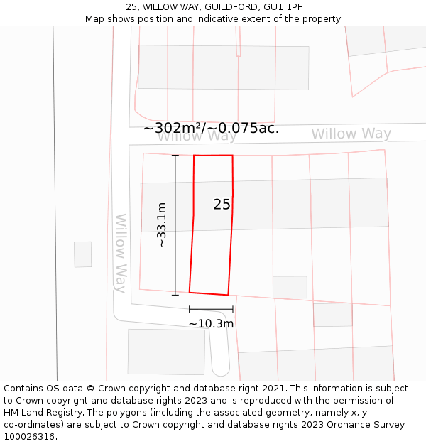 25, WILLOW WAY, GUILDFORD, GU1 1PF: Plot and title map