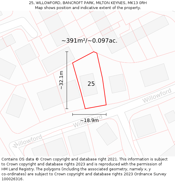 25, WILLOWFORD, BANCROFT PARK, MILTON KEYNES, MK13 0RH: Plot and title map