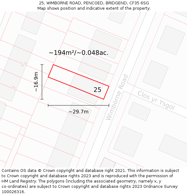 25, WIMBORNE ROAD, PENCOED, BRIDGEND, CF35 6SG: Plot and title map