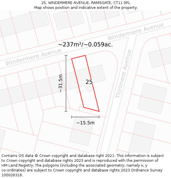 25, WINDERMERE AVENUE, RAMSGATE, CT11 0PL: Plot and title map