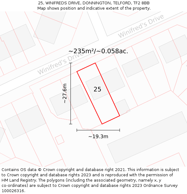 25, WINIFREDS DRIVE, DONNINGTON, TELFORD, TF2 8BB: Plot and title map