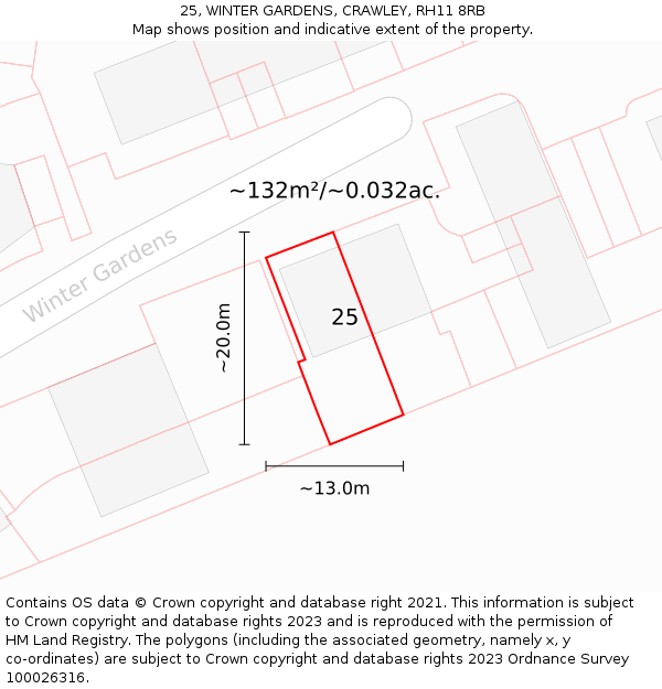 25, WINTER GARDENS, CRAWLEY, RH11 8RB: Plot and title map