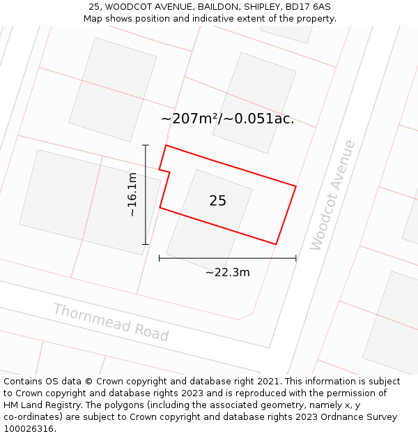 25, WOODCOT AVENUE, BAILDON, SHIPLEY, BD17 6AS: Plot and title map