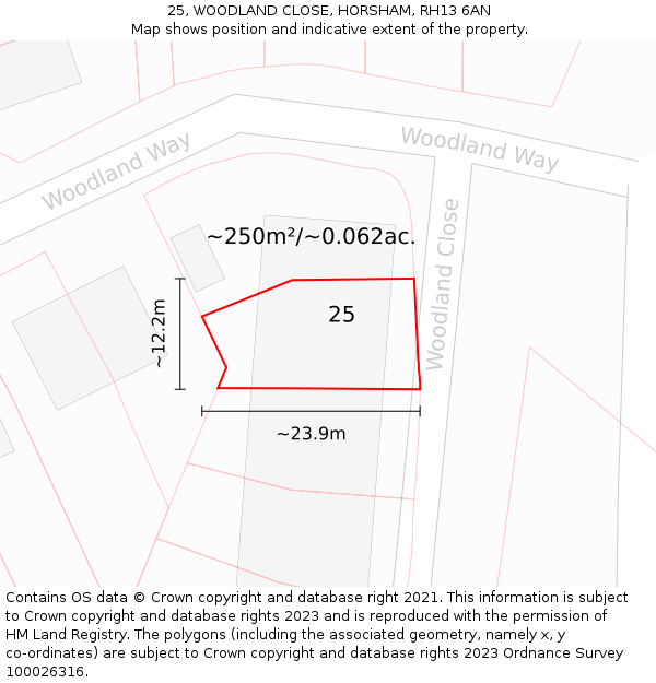 25, WOODLAND CLOSE, HORSHAM, RH13 6AN: Plot and title map