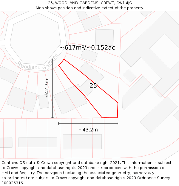 25, WOODLAND GARDENS, CREWE, CW1 4JS: Plot and title map