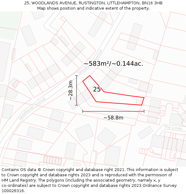 25, WOODLANDS AVENUE, RUSTINGTON, LITTLEHAMPTON, BN16 3HB: Plot and title map