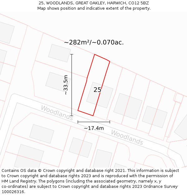 25, WOODLANDS, GREAT OAKLEY, HARWICH, CO12 5BZ: Plot and title map