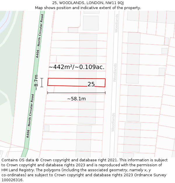 25, WOODLANDS, LONDON, NW11 9QJ: Plot and title map