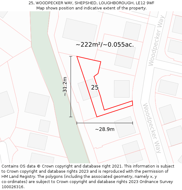 25, WOODPECKER WAY, SHEPSHED, LOUGHBOROUGH, LE12 9WF: Plot and title map